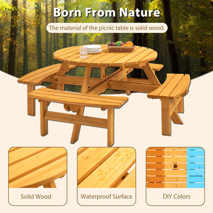 8 Person Wooden Picnic Table, Outdoor Camping Dining Table with Seat, Garden, DIY w/ 4 Built-in Benches, 2220lb Capacity - Natural image 3
