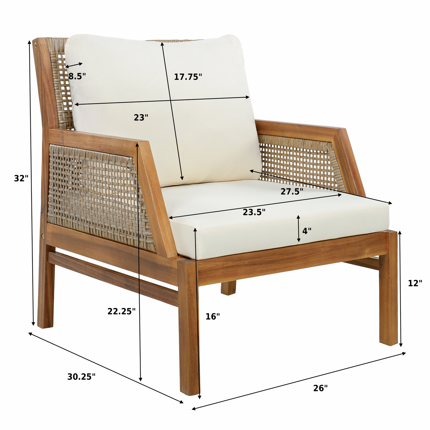 Acacia Wood Patio Furniture Club Chair, Outdoor Wicker Armchair, Deep Seating with Soft Cushions for Porch, Garden, Backyard, Balcony, Teak & Mix Brown & Cream image 3