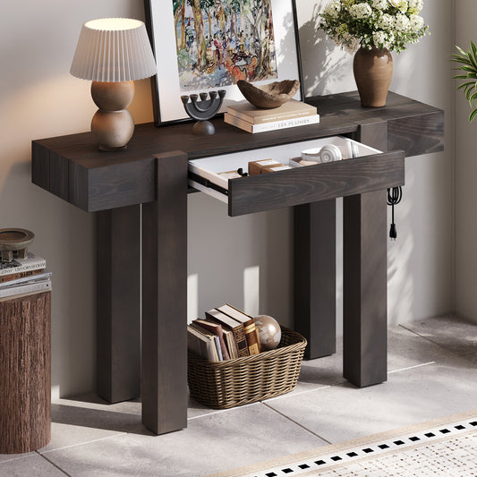 TREXM Rustic Minimalist Console Table with Hidden Drawer, Side Power Outlet,Wood Entryway Table for Entryways, Living Rooms and Home Offices(Espresso) image 1