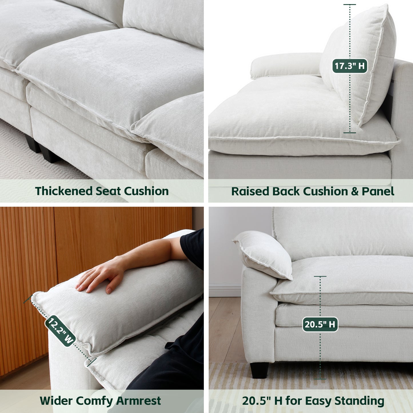 Living Room Furniture Big Loveseat Luxury Couch with Soft Chenille Upholstered Sofa Beige image 11