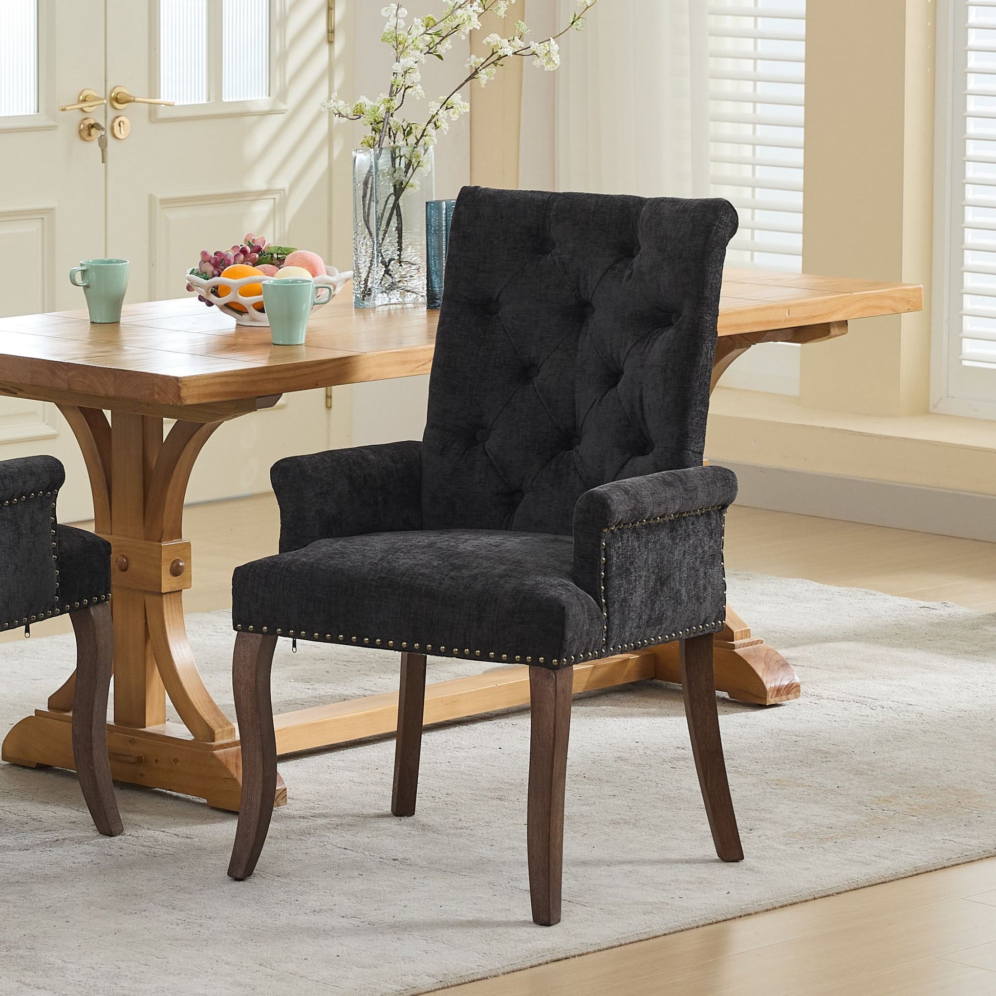 Upholstered Chenille Fabric Accent Dining Chair, Curved Solid Wood Legs, Elegant Tufted Club Dining Room Kitchen Room Arm Dining Chair, Single Pack,Black,SW1895BK image 1