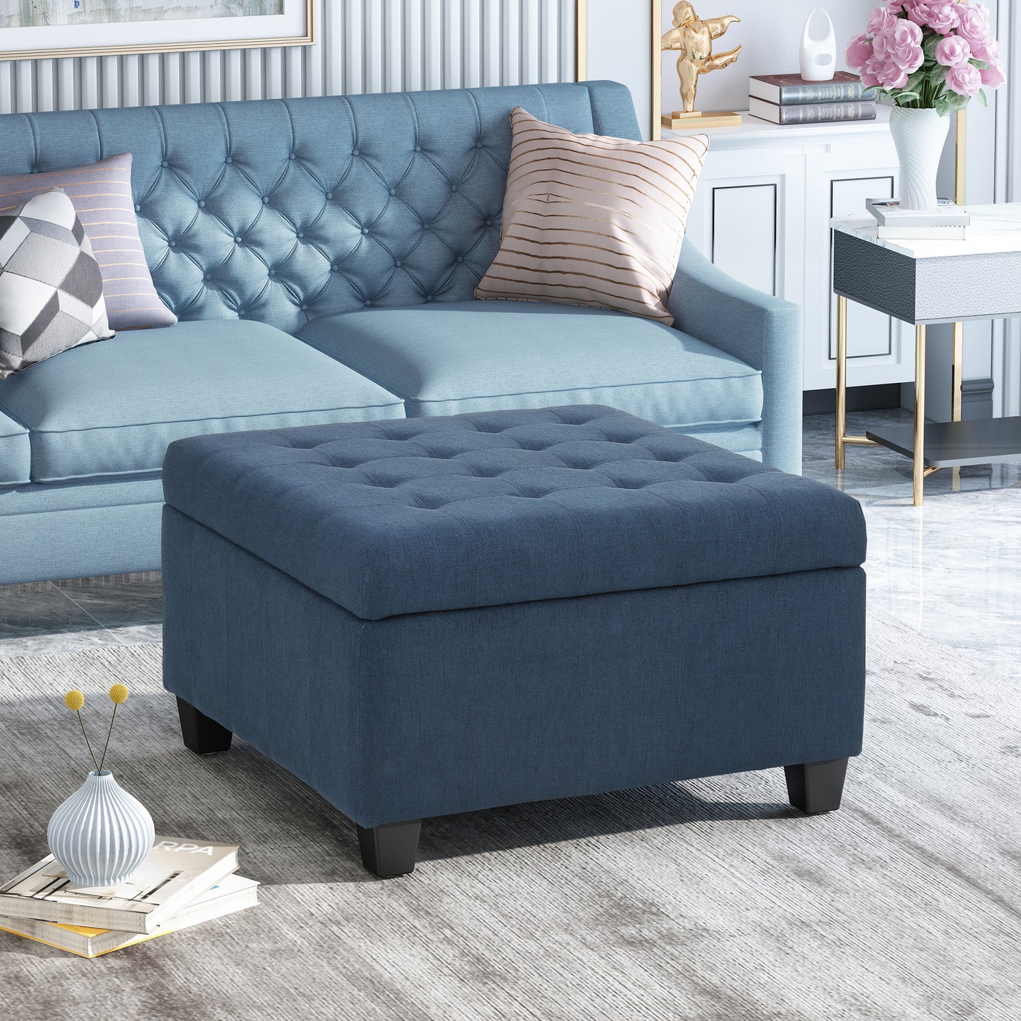 Upholstered Tufted Fabric Storage Ottoman, Navy Blue image 1