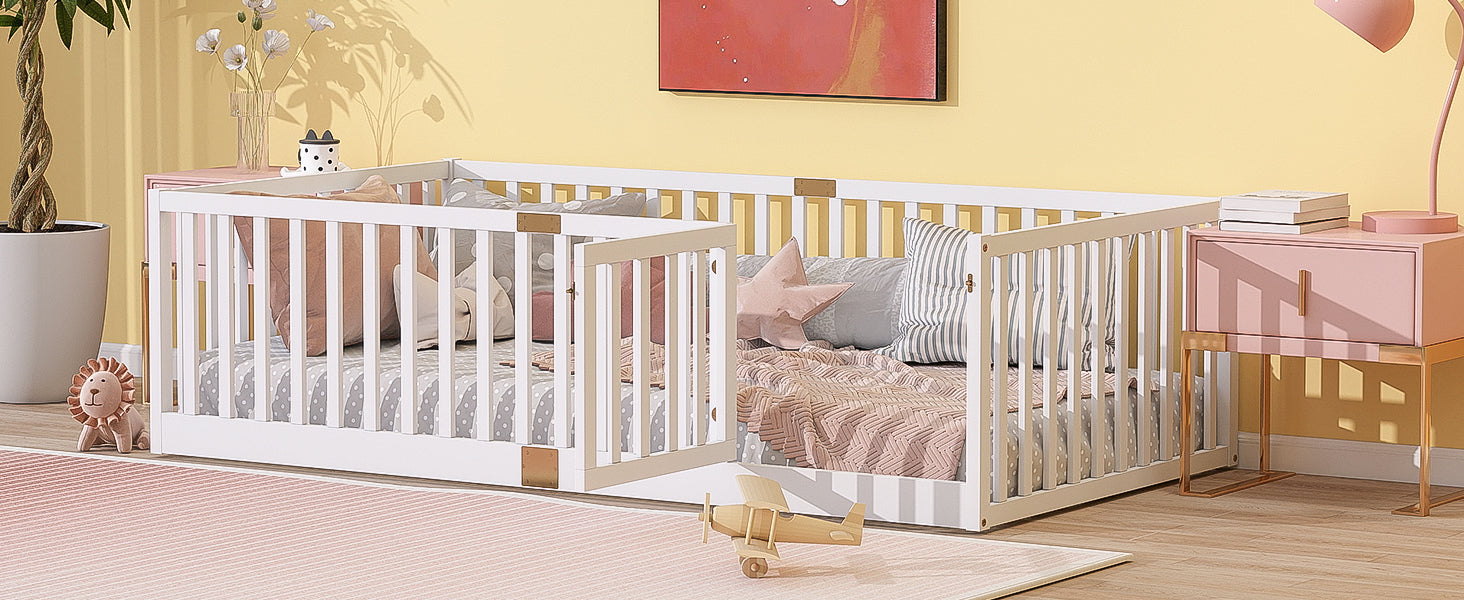 Twin Size Floor Bed with High Fence Railings, with Door, Rubber Wood Floor Bed with Safety Guardrails,White (Old Sku W504P287652) image 6