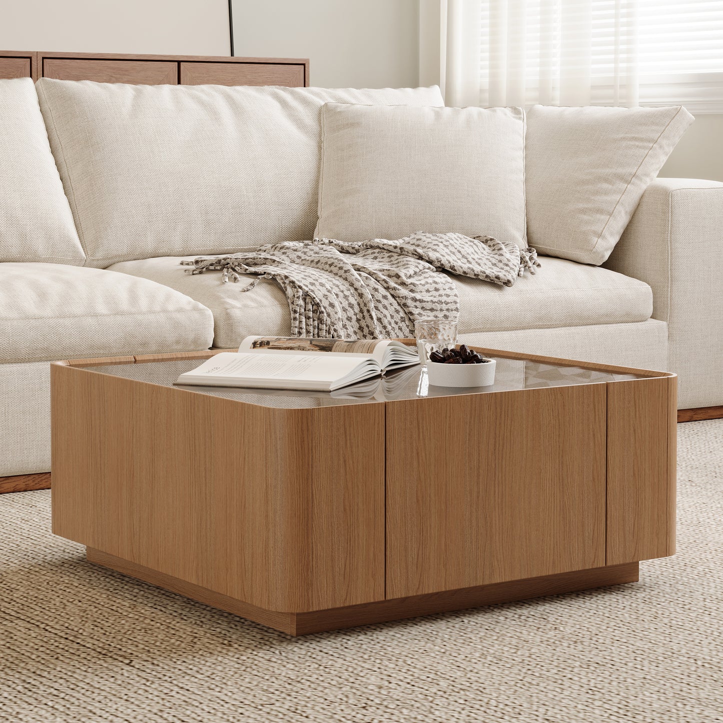31.5-Inch Square Coffee Table with Storage Drawers,Modern Wooden Coffee Table with Glass Top,Tea Table Center Tables for Living Room Office,Walnut image 5
