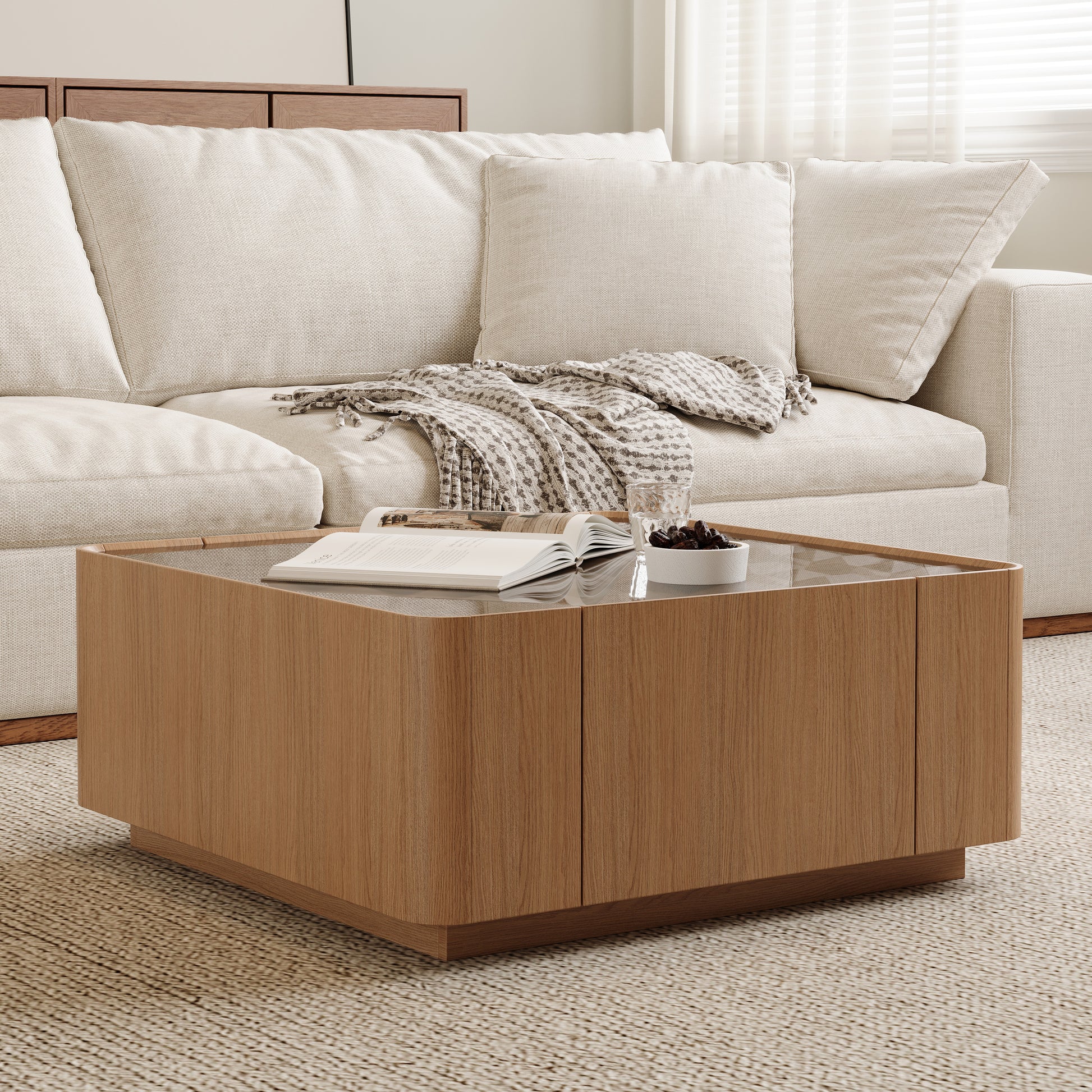 31.5-Inch Square Coffee Table with Storage Drawers,Modern Wooden Coffee Table with Glass Top,Tea Table Center Tables for Living Room Office,Walnut image 5