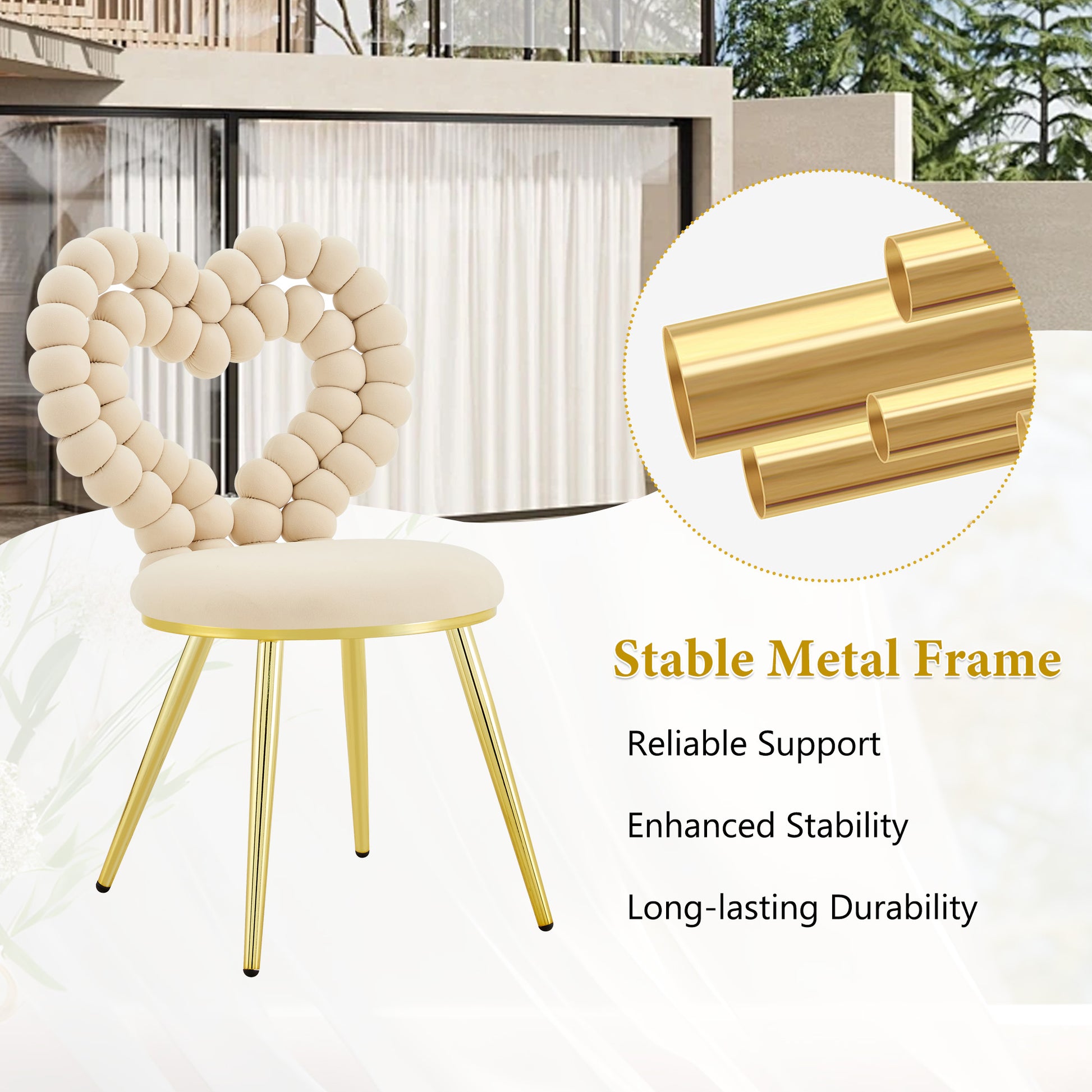 Set of 2 Unique Heart Bubble Tufted Accent Chair, Plush Velvet Chair with Shiny Gold Metal Frame, Cute & Modern Seating for Home Decor image 8