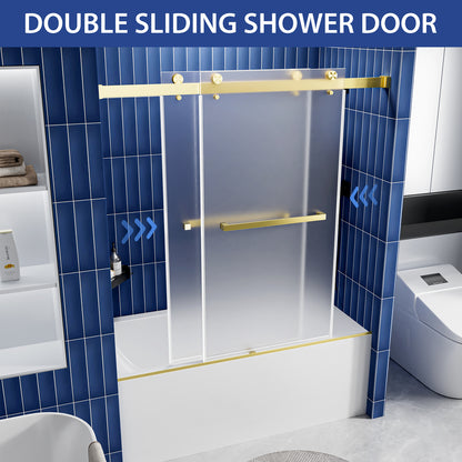 56-60" W x 60" H Frameless Double Sliding Shower Door, Premium 1/4" (6mm) Thick Frosted Ultra-Clear Nano-Coated Tempered Glass, Stainless Steel, Brushed Gold image 3