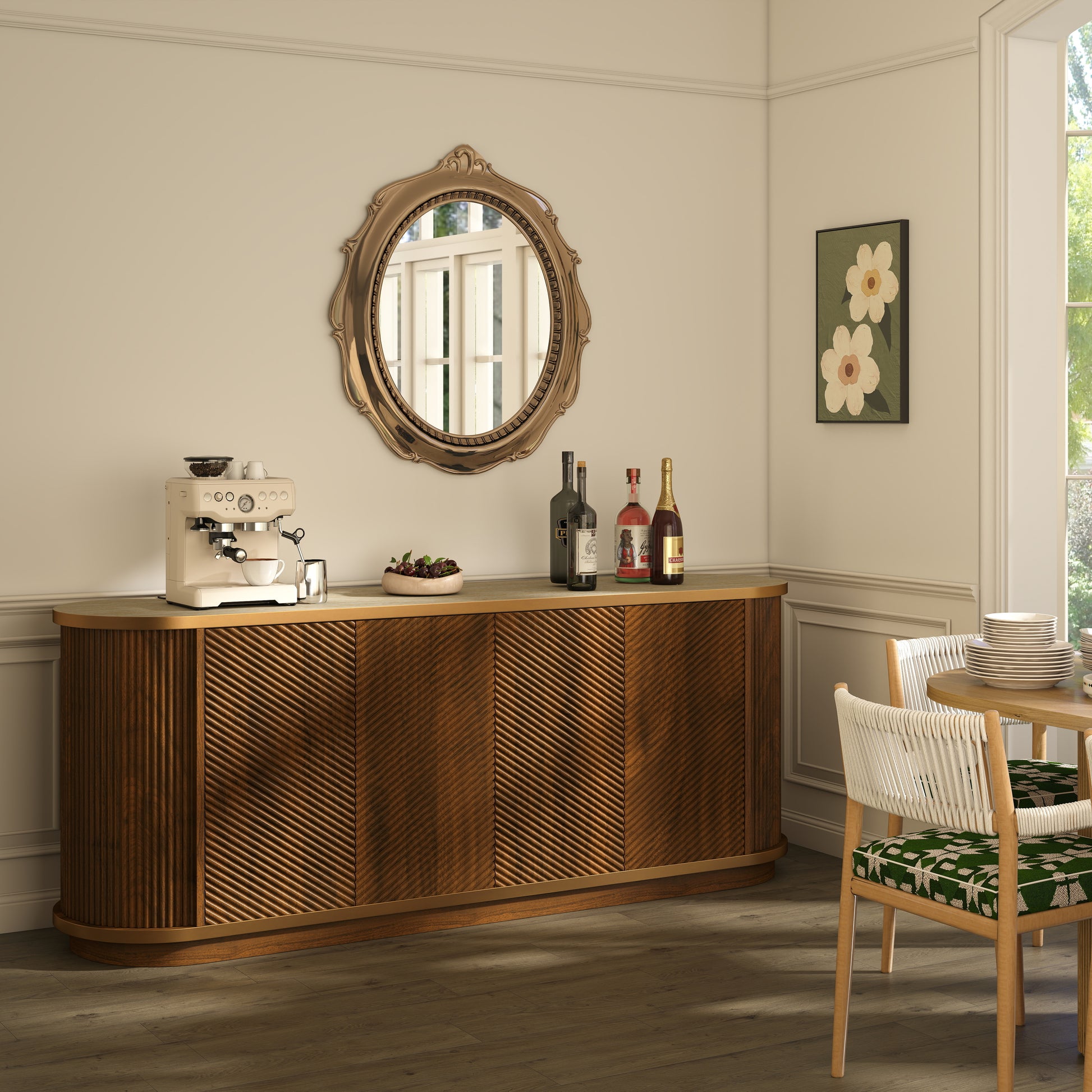 63" Diagonal Fluted Sideboard Cabinet with Storage, 4-Door Walnut Buffet Credenza TV Stand with Gold Trim, Cream Faux Marble-Top Console Table, Modern Cabinet for Dining Room, Living Room, Walnut image 2