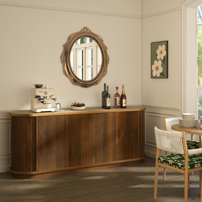 63" Diagonal Fluted Sideboard Cabinet with Storage, 4-Door Walnut Buffet Credenza TV Stand with Gold Trim, Cream Faux Marble-Top Console Table, Modern Cabinet for Dining Room, Living Room, Walnut image 2