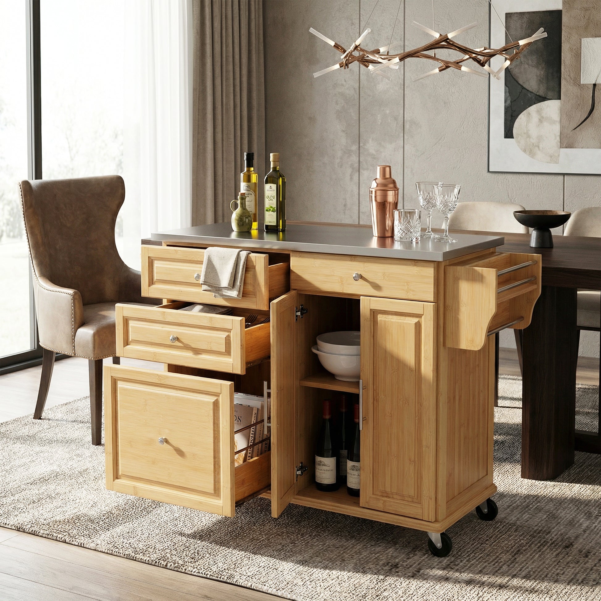 Indoor Bamboo Rolling Kitchen Island with Stainless Steel Top – Mobile Cart with Drawers, Cabinet & Towel Rack for Dining & Bar image 5