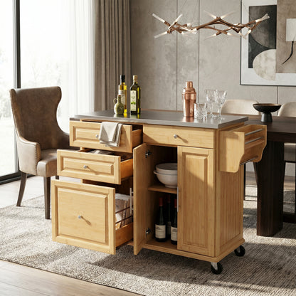 Indoor Bamboo Rolling Kitchen Island with Stainless Steel Top – Mobile Cart with Drawers, Cabinet & Towel Rack for Dining & Bar image 5
