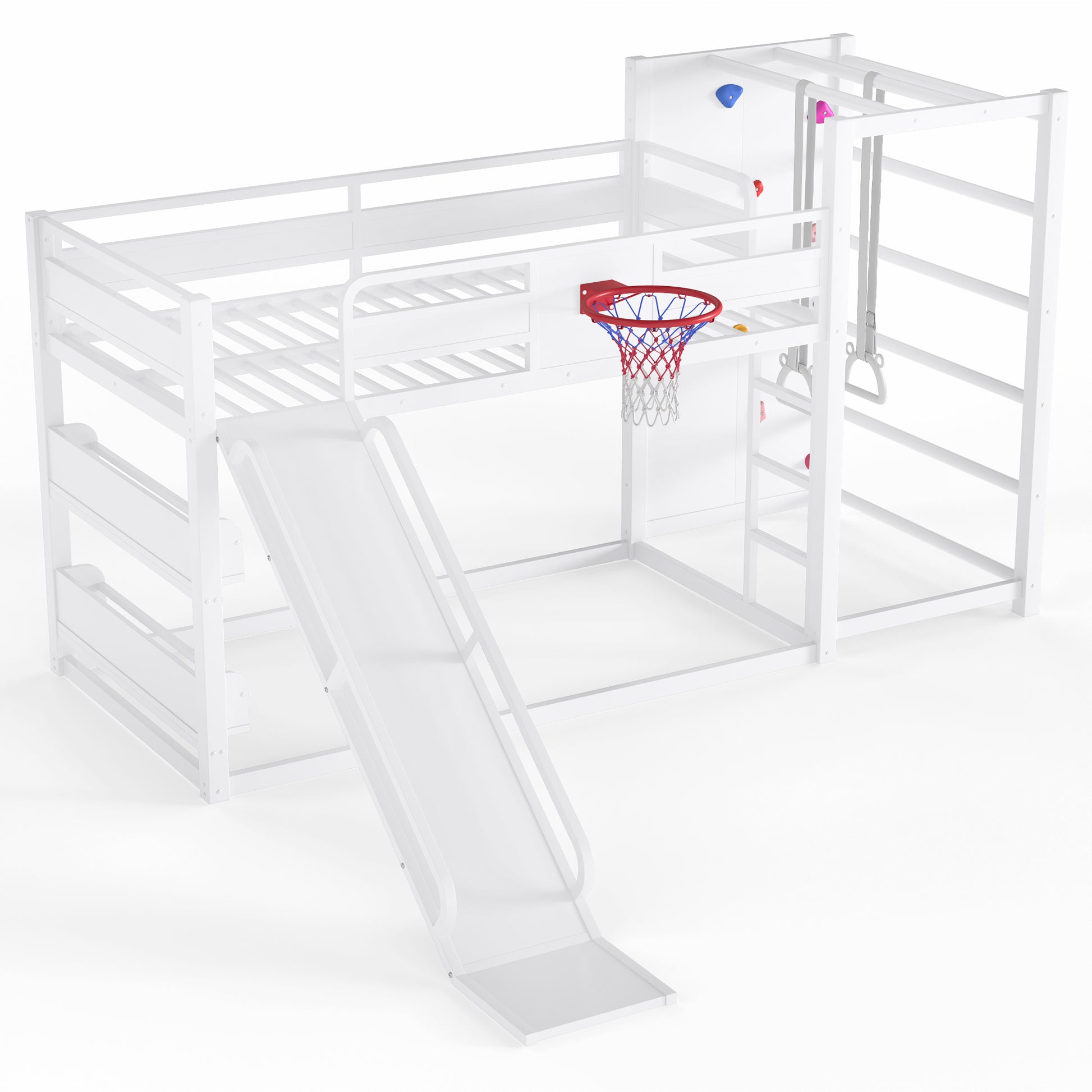 Twin size metal loft/bunk bed with basketball hoop, pull-up rings, climbing wall, and built-in bookshelves. Playful children's design featuring a slide,White image 9