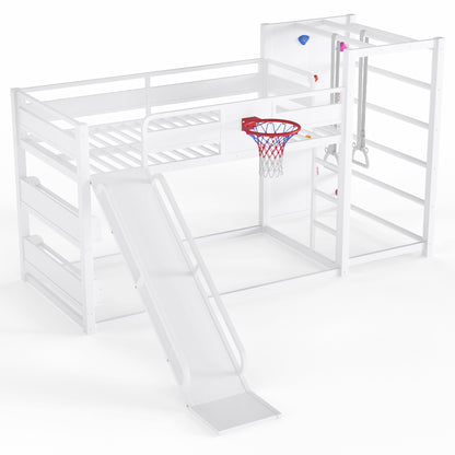 Twin size metal loft/bunk bed with basketball hoop, pull-up rings, climbing wall, and built-in bookshelves. Playful children's design featuring a slide,White image 9