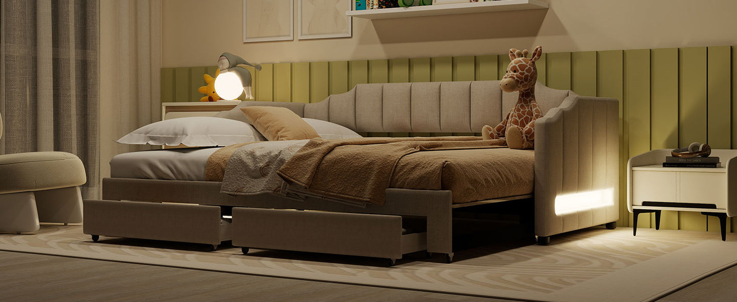 Twin XL Size Extendable Upholstered Daybed with Two Storage Drawers and LED Light,Twin XL to King Daybed,Beige image 7