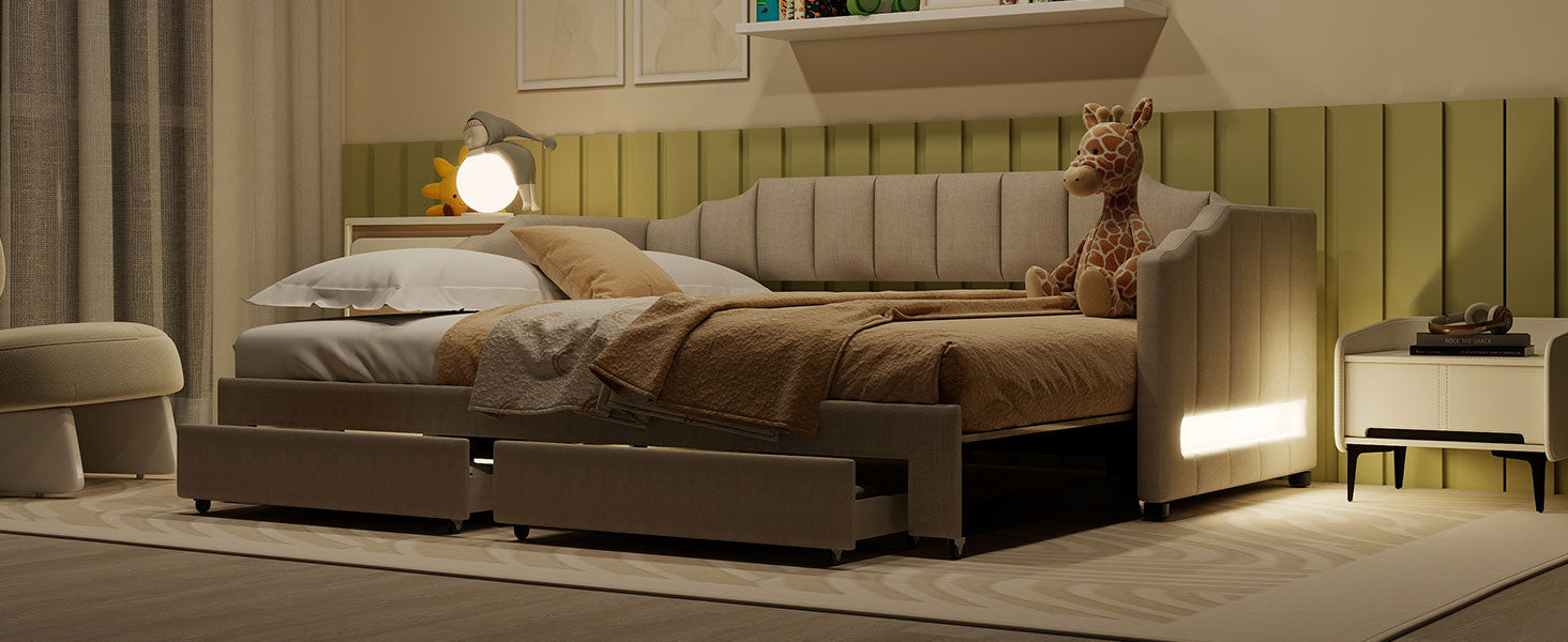 Twin XL Size Extendable Upholstered Daybed with Two Storage Drawers and LED Light,Twin XL to King Daybed,Beige image 7