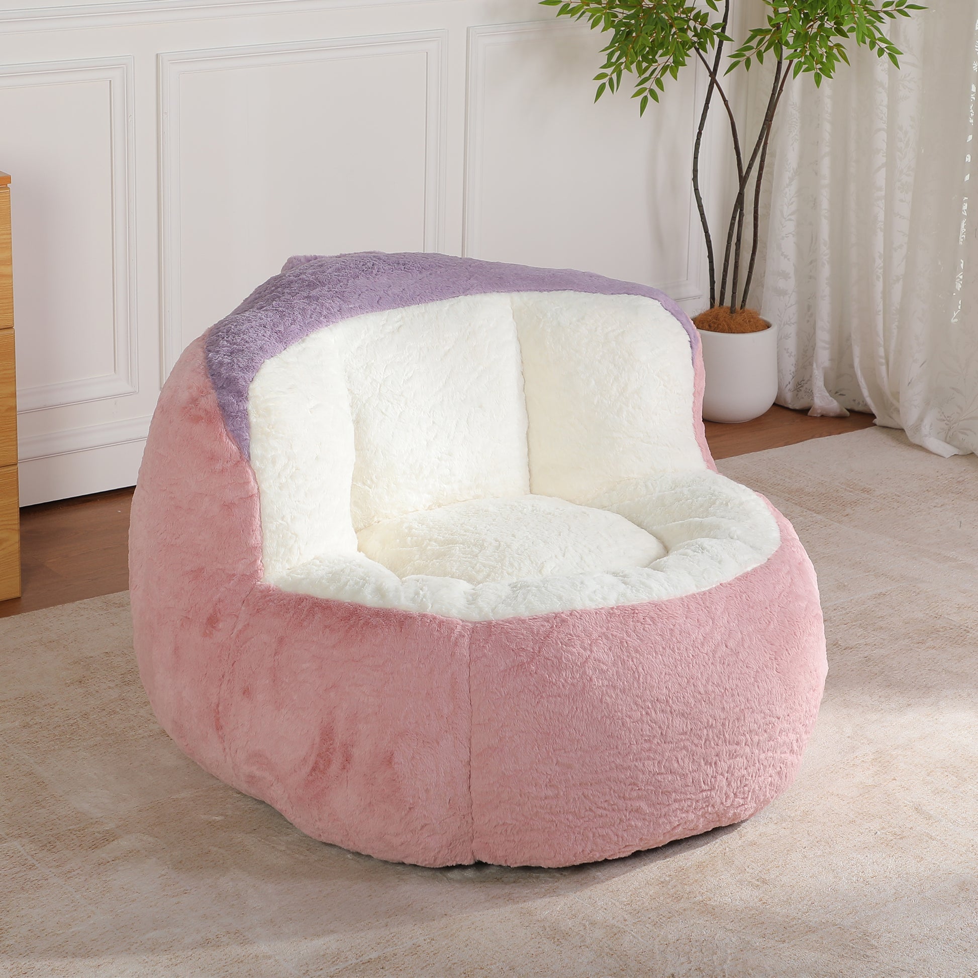 Oversized Bean Bag Chairs,Multicolor Faux Fur Couch Filled with Shredded Sponge,Large Lounger Sofa For Living Room,No Assembly Required, Pink+White+Purple image 3