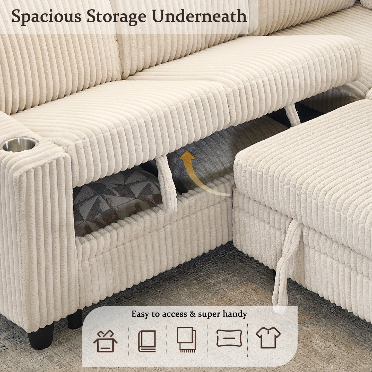 L-Shaped Sectional Sofa Bed with Pull-Out Bed & Storage, 5-Seat Sleeper Couch with USB Charging, Convertible Design for Living Room, Apartment, Corduroy Fabric, Beige image 4