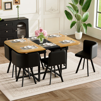 7-Piece Rectangular Dining Table Set, Fixed Two-Tone Wood Grain & Black Triamine Tabletop with 6 Black PU Leather Chairs, Modern Kitchen Table Set for 6 People, Ideal for Small Spaces, Apartment image 1
