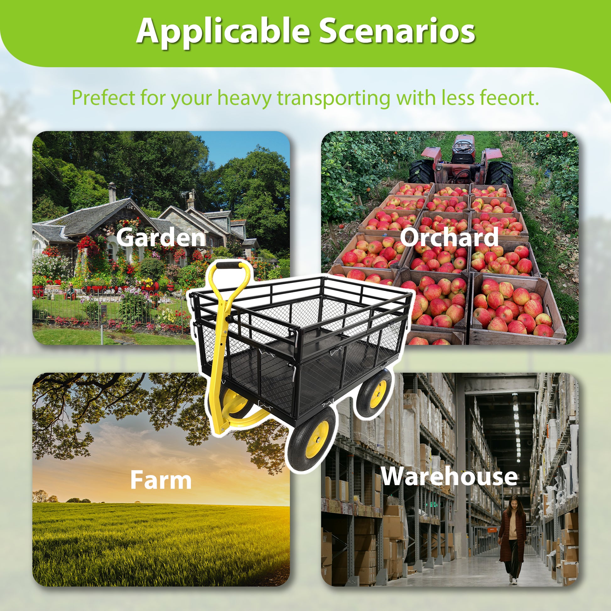 Steel Garden Cart, Heavy Duty 1400 lbs Capacity, with Removable Mesh Sides to Convert into Flatbed, Utility Metal Wagon with 2-in-1 Handle and 16 in Tires, Perfect for Garden, Farm, Yard image 9