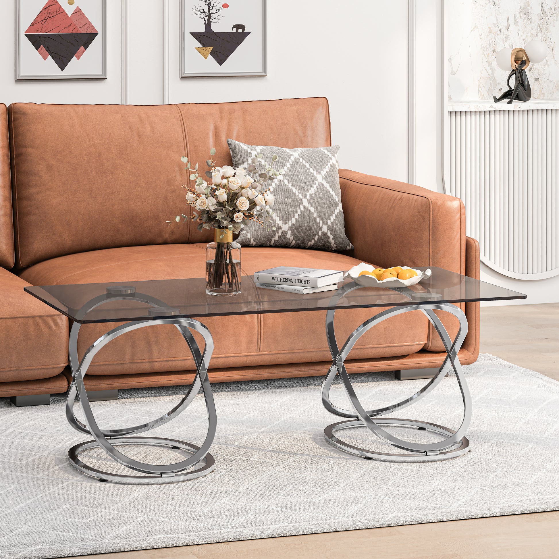 31.50'' Modern Rectangle Glass Coffee Table with Ring-Shaped Frames, Chrome Finish and Gray Tempered Glass, Luxury Center Table for Living Room, Bedroom and Office, Silver image 2