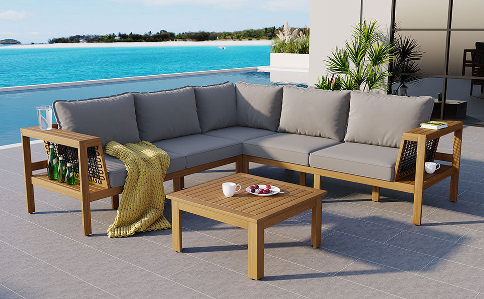 <Old SKU: N704G201249E> 4 Pieces Outdoor Acacia Wood Sofa Set, Woven Mesh Armrests, L-Shaped Patio Furniture Sofa Set with Coffee Table, Outdoor Conversation Set with Gray Cushions and Side Table image 10