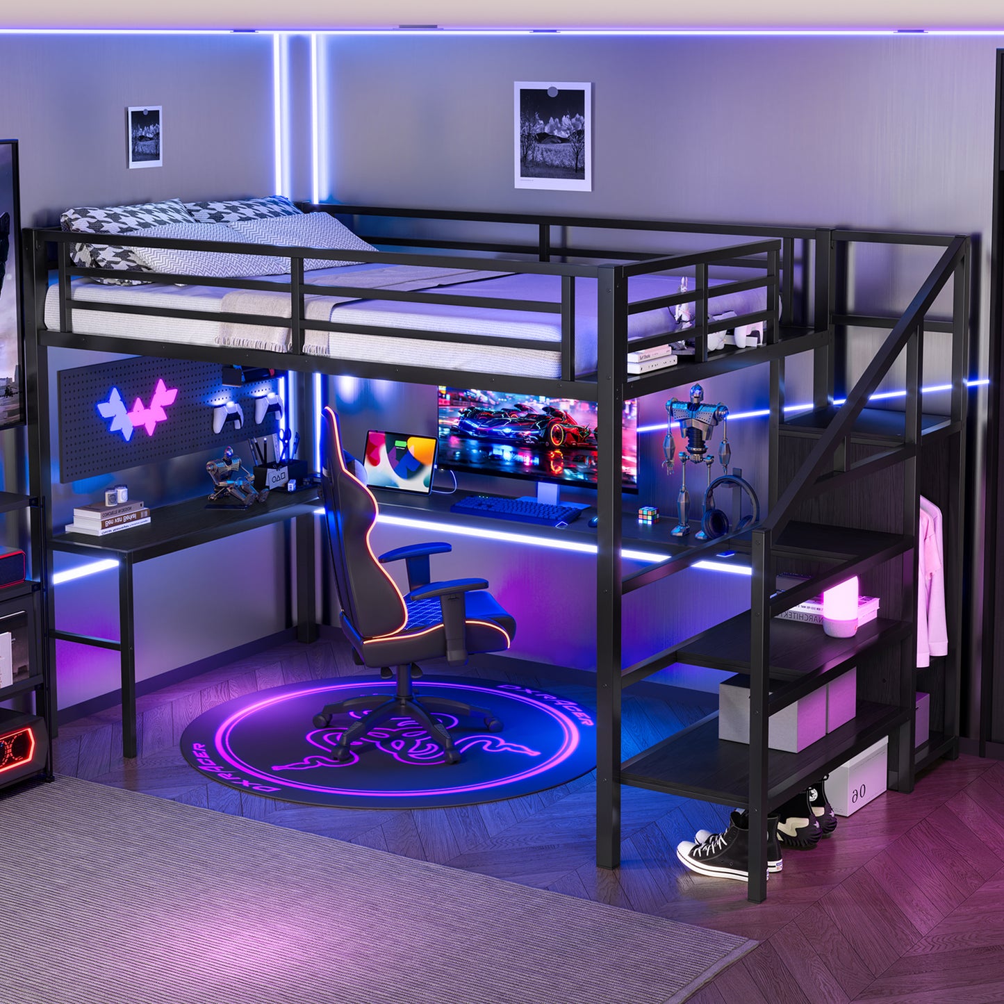 Full XL Size Loft Bed with L-shaped Desk and USB, Metal Loft Bed with Wardrobe and Adjustable Shelf, High Loft Bed with LED for Kids Teens Adults, Black image 3