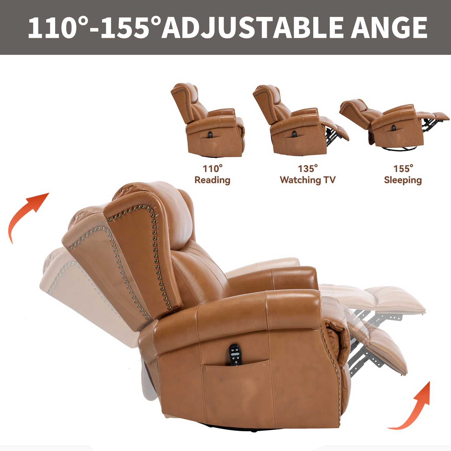 Heat Massage Manual Recliner Chair with Rocker and Swivel in Genuine leather for Living Room, Yellow image 10