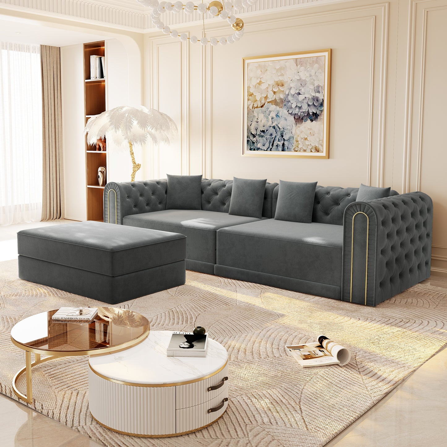 90.6" 3-in-1 Convertible Sleeper Sofa,Elegant Modern Couch with Button Tufted and Gold Edge Trim,3-Seater Couch with Movable Ottoman for Living Room,Apartment,Office,Bedroom,Dark Grey image 5