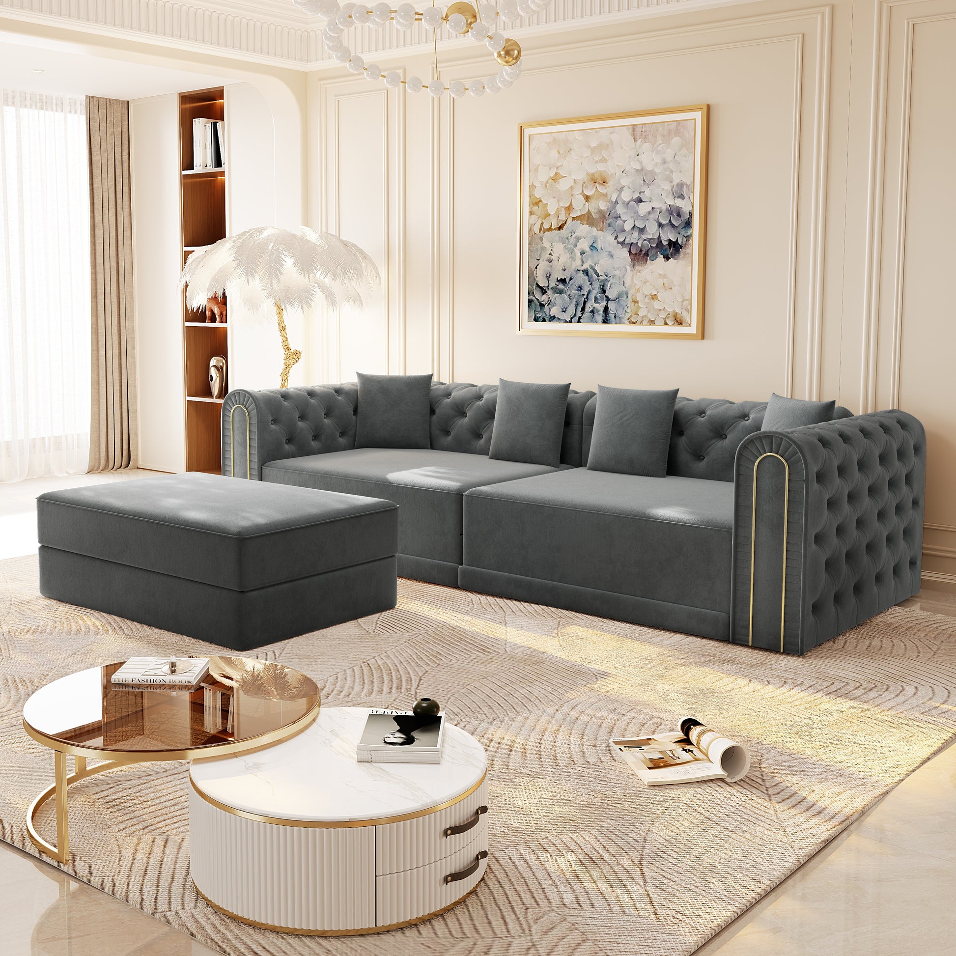 90.6" 3-in-1 Convertible Sleeper Sofa,Elegant Modern Couch with Button Tufted and Gold Edge Trim,3-Seater Couch with Movable Ottoman for Living Room,Apartment,Office,Bedroom,Dark Grey image 5