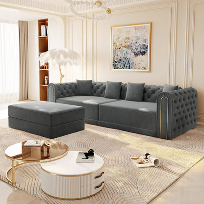 90.6" 3-in-1 Convertible Sleeper Sofa,Elegant Modern Couch with Button Tufted and Gold Edge Trim,3-Seater Couch with Movable Ottoman for Living Room,Apartment,Office,Bedroom,Dark Grey image 5