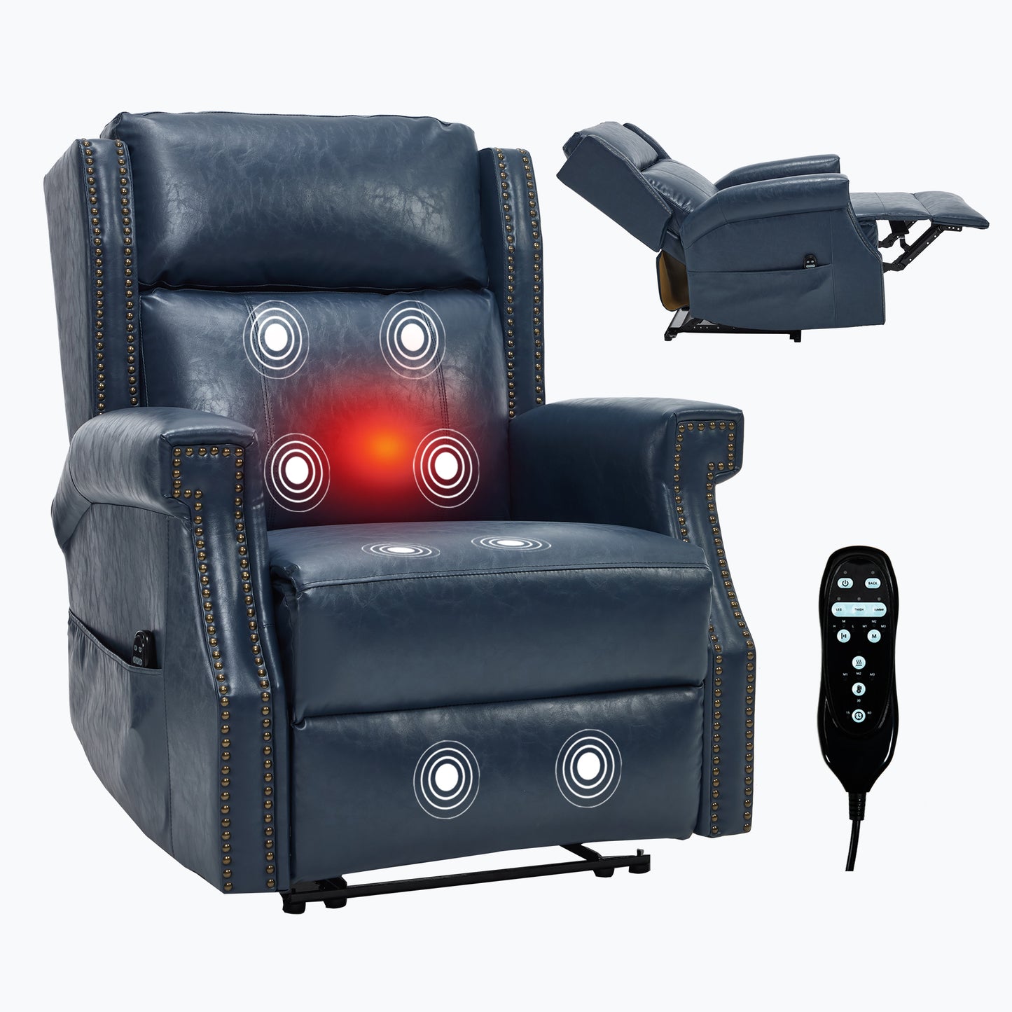 Blue Manual Recliner Chair in Faux Leather for Living Room with Heavy Duty Motion Mechanism, 8 vibrating nodes and 3 massage modes. image 11