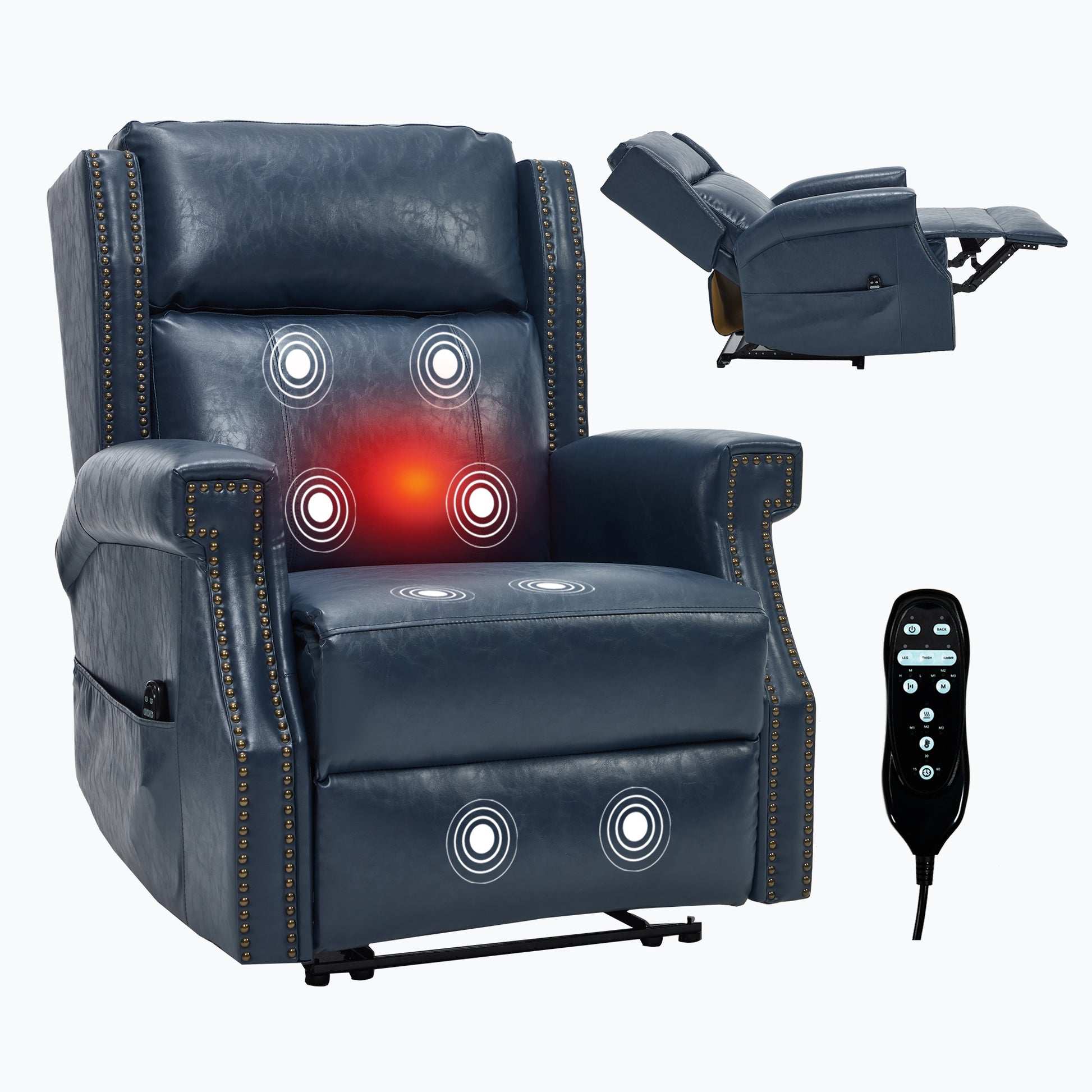 Blue Manual Recliner Chair in Faux Leather for Living Room with Heavy Duty Motion Mechanism, 8 vibrating nodes and 3 massage modes. image 11