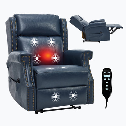 Blue Manual Recliner Chair in Faux Leather for Living Room with Heavy Duty Motion Mechanism, 8 vibrating nodes and 3 massage modes. image 11