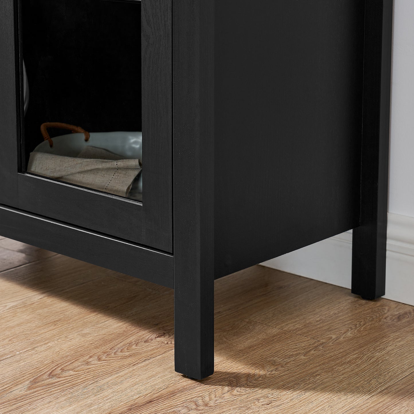 A high arched storage cabinet with a lamp, a modern retro-style wooden storage cabinet with adjustable glass partitions, suitable for use as a multi-functional cabinet in kitchens-Black image 9