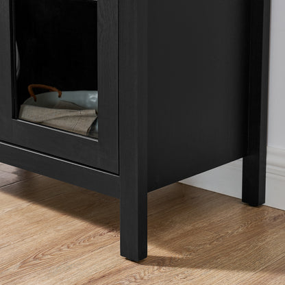 A high arched storage cabinet with a lamp, a modern retro-style wooden storage cabinet with adjustable glass partitions, suitable for use as a multi-functional cabinet in kitchens-Black image 9
