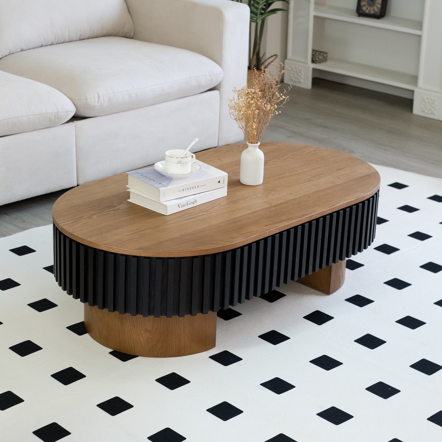 43.7" Oval Coffee Table With Hidden Storage,Fluted Modern Minimalist Wood Coffee Table for Living Room, Oval Center Table, Walnut + Black. image 7