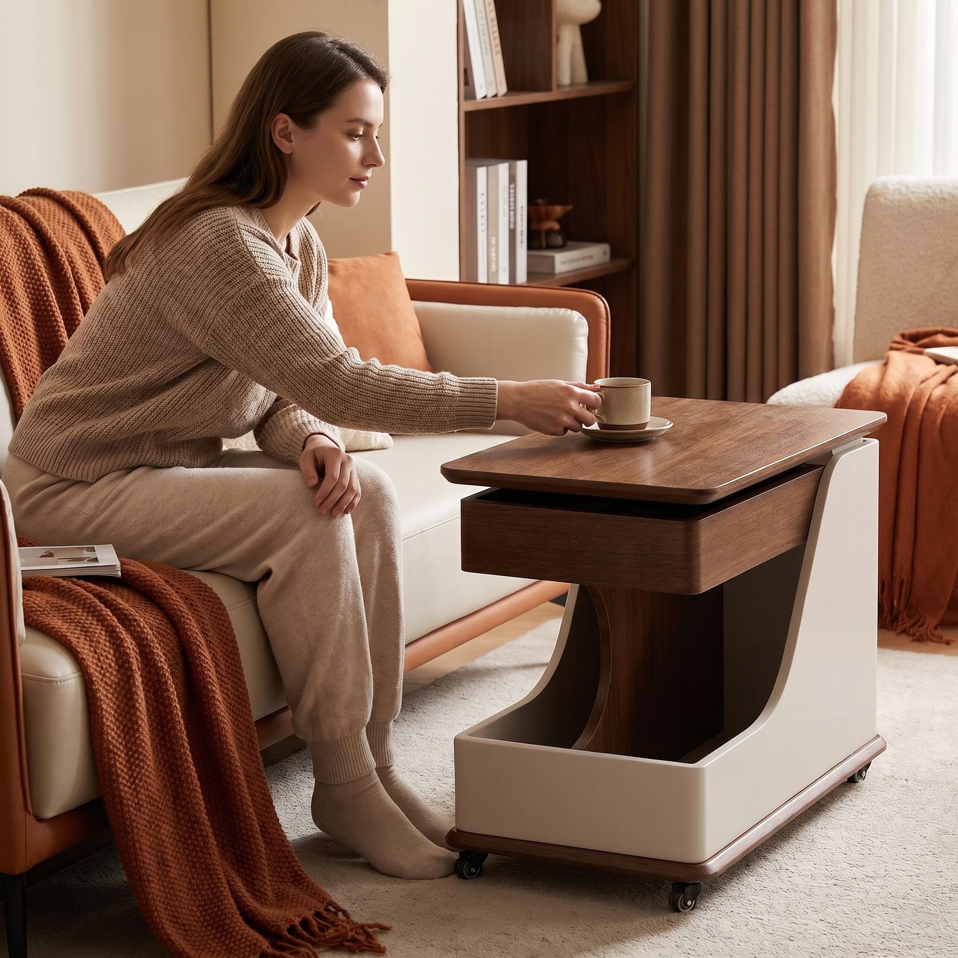 A small side table or coffee table with an adjustable height, suitable for the living room, balcony or bedroom. It is portable and features storage compartments, available in off-white and walnut. image 4