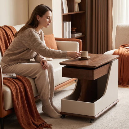 A small side table or coffee table with an adjustable height, suitable for the living room, balcony or bedroom. It is portable and features storage compartments, available in off-white and walnut. image 4