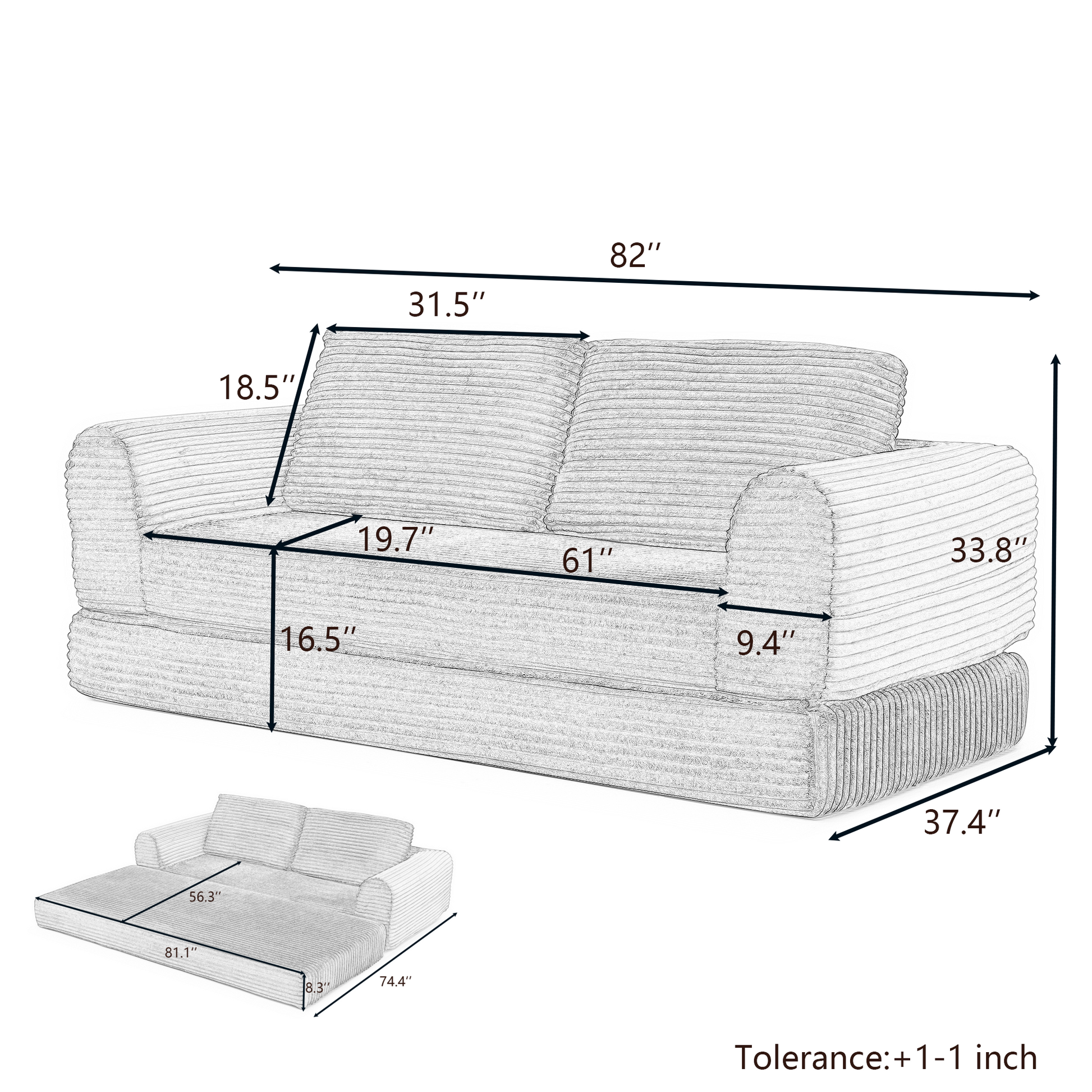 2-in-1 Folding Convertible Sofa Bed, Modern Corduroy Sleeper Couch with 2*pillows, Futon Modular Upholstered Boneless Sofa with Pull-Out Bed,Folding Floor Modular Couch for Living Room Beige image 12