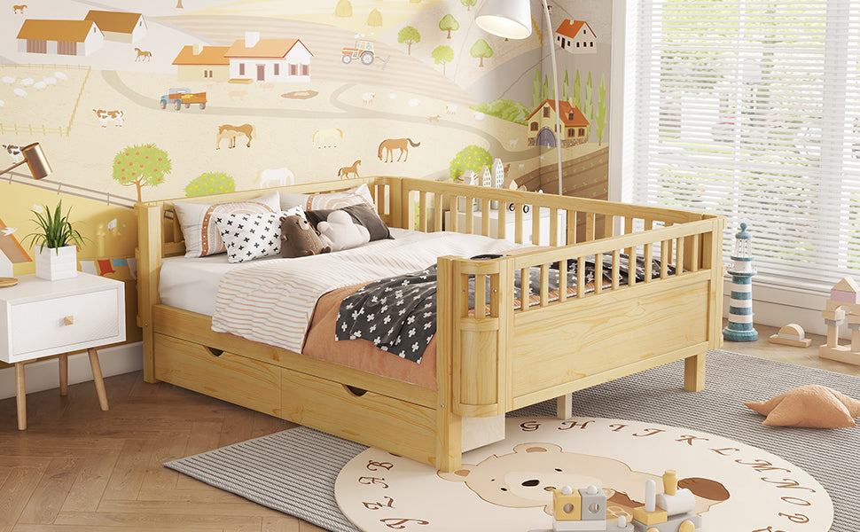 Full Size Wood Platform Bed for Kids, Wood Low Profile Full Bed with Rails for Girls and Boys, Natural (Old SKU W2593P331687) image 8