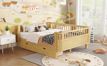 Full Size Wood Platform Bed for Kids, Wood Low Profile Full Bed with Rails for Girls and Boys, Natural (Old SKU W2593P331687) image 8