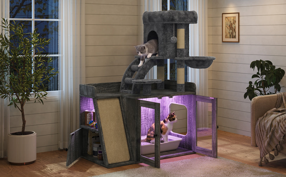 Litter Box Enclosure with Cat Tree, Hidden Litter Box with LED Light, Sisal Scratching Board and Storage Space, Modular Litter Box Furniture with Condo and Platform, All-in-one Cat Tower,Grey image 7