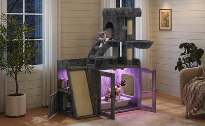 Litter Box Enclosure with Cat Tree, Hidden Litter Box with LED Light, Sisal Scratching Board and Storage Space, Modular Litter Box Furniture with Condo and Platform, All-in-one Cat Tower,Grey image 7