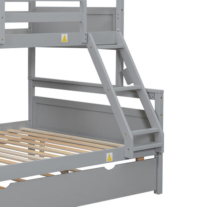 Twin over Full Bunk Bed with Ladder, Twin Size Trundle, Safety Guardrail, Gray image 11
