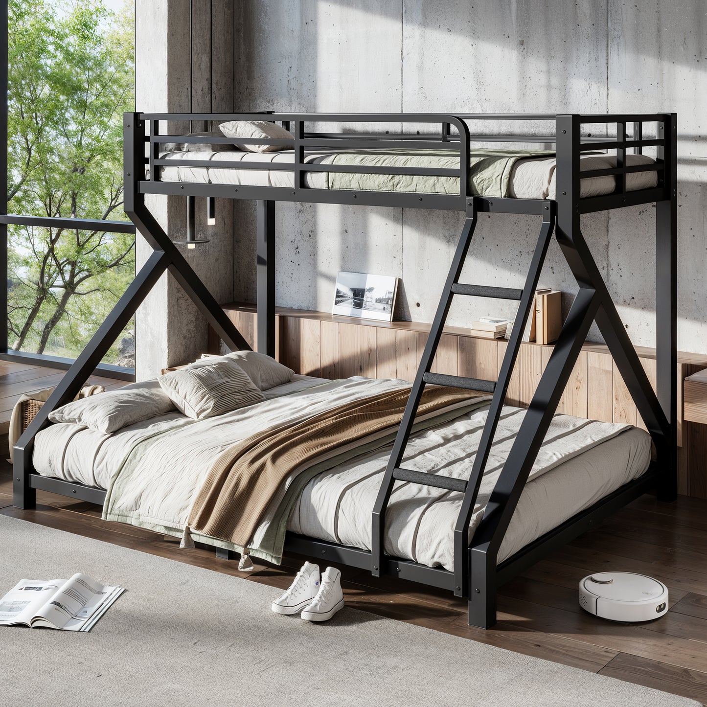 Twin XL over Queen Bunk Bed with ladders, Metal Bunk Bed with Full Upgraded Support Slats, Low Profile Bunk Bed, Black image 3