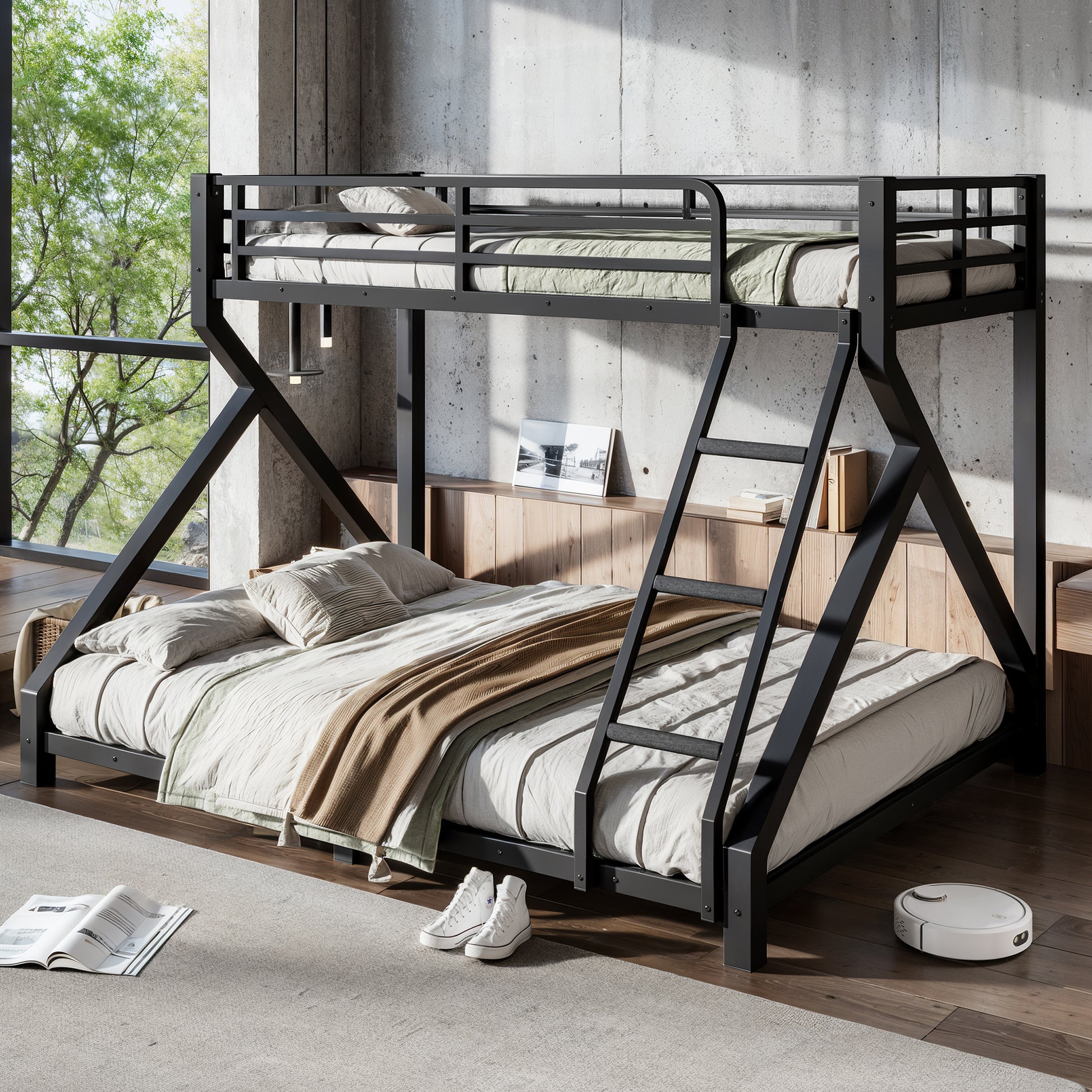 Twin XL over Queen Bunk Bed with ladders, Metal Bunk Bed with Full Upgraded Support Slats, Low Profile Bunk Bed, Black image 3