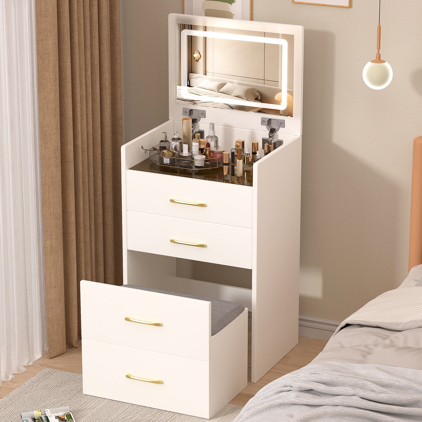 3 in 1 Vanity Desk with open Top Mirror,Small Make Up Vanity Set with Visible Glass Desktop,Compact Makeup Vanity with 3 Drawers,Dressing Table for Bedroom image 1