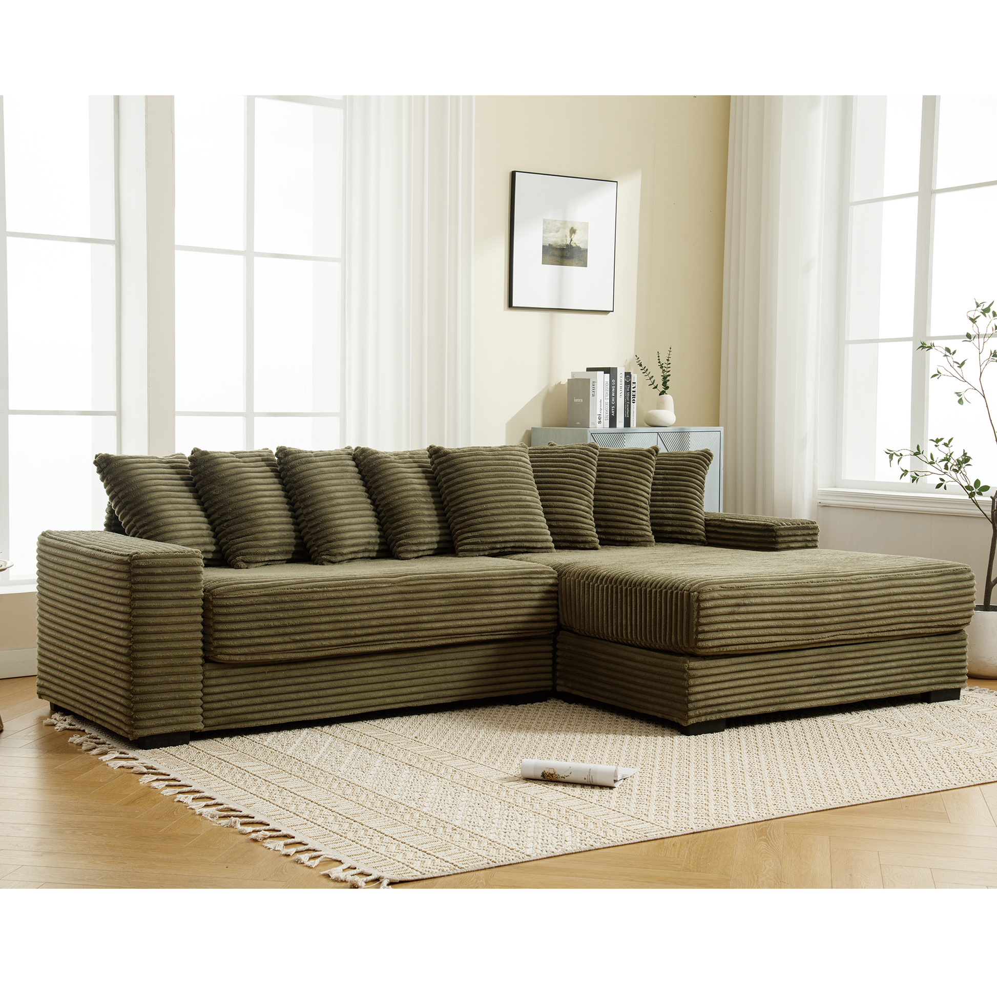 [NEW ARRIVED] [VIDEO PROVIDED] Oversized Two-Piece Couches, L Shaped Sofa, Corduroy, Right Chaise Daybed,with Armrests,Eight Throw Pillows,Corner Sofa,Easy To Assemble, Green image 1