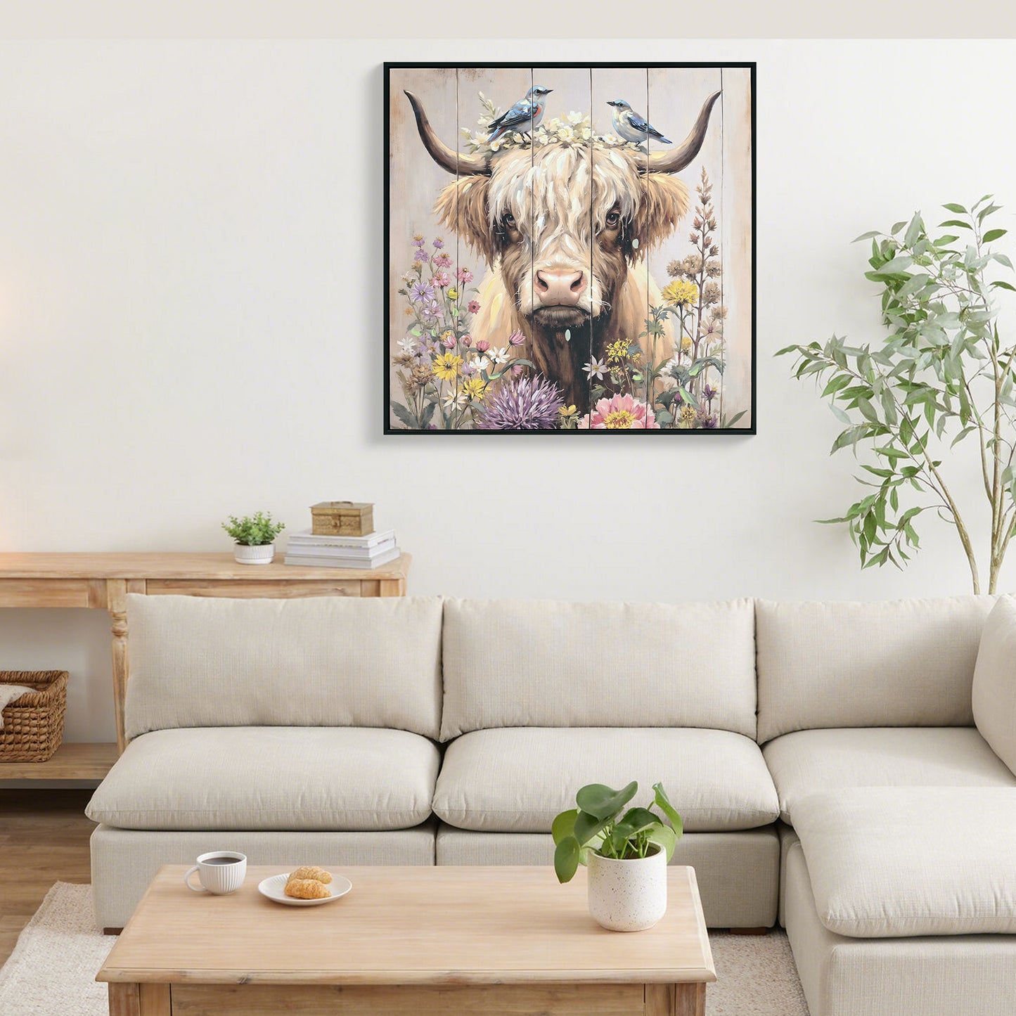 Farmhouse Highland Cow Wall Decor in Neutral colour: Rustic Cow and Chrysanthemum picture Canvas Art Print, Gift for Bathroom or Kitchen, Ideal Animal Artwork for Living Room 24*24INCH image 1
