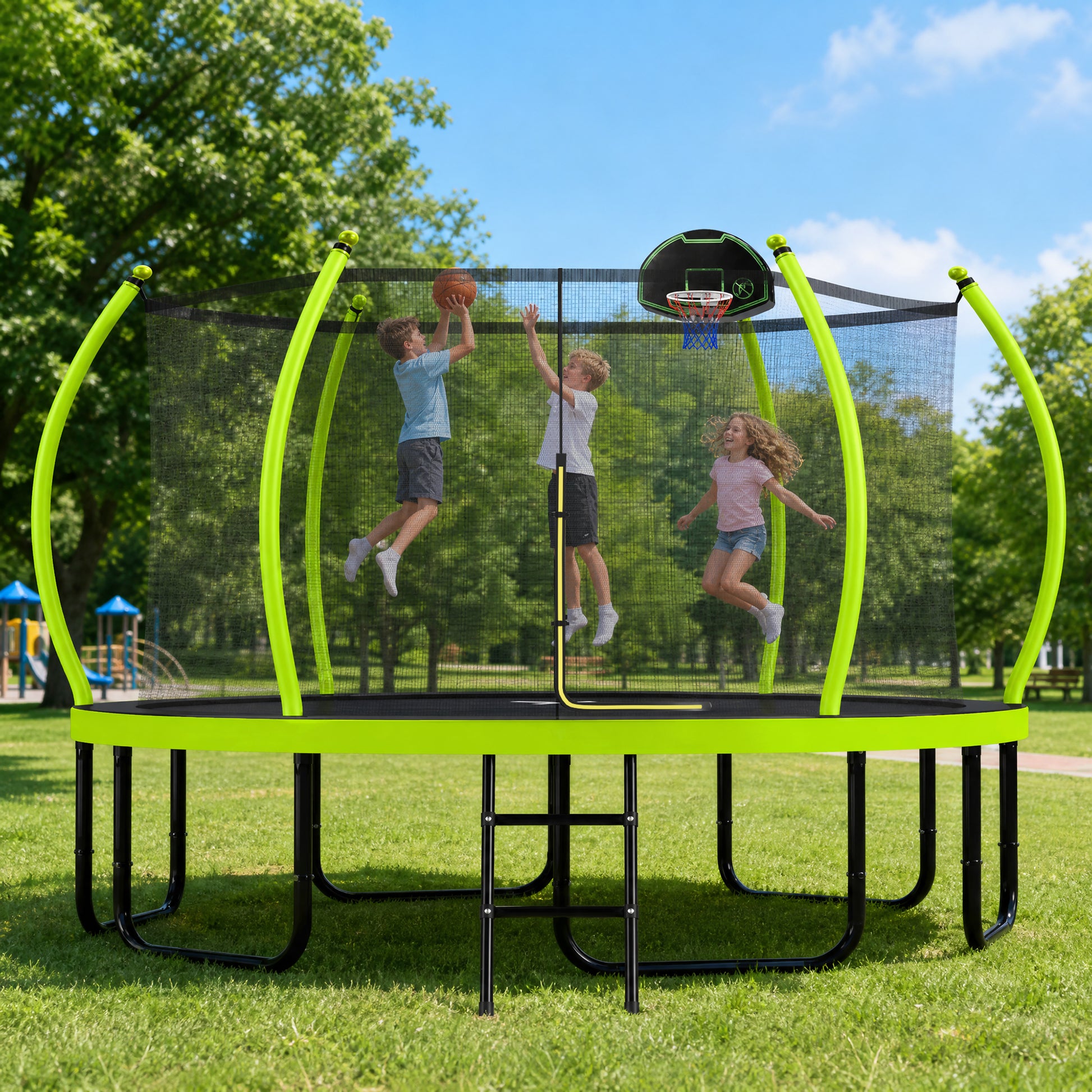 16FT Trampoline with Basketball Hoop for Kids and Adults, Round Outdoor Trampoline with Enclosure Net & Curved Poles & Ladder,Green image 1